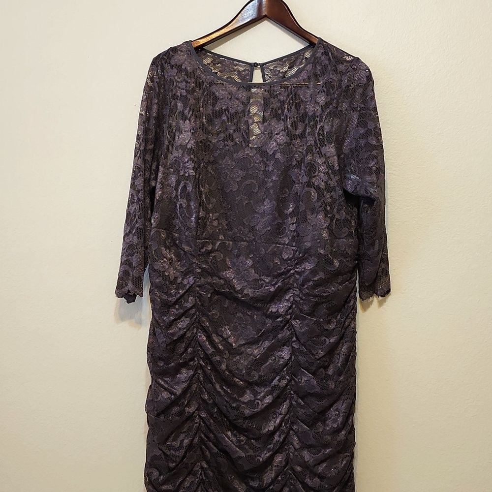 Eliza J Royal Collection Lace Dress Womens 16w Gray Ruched 3/4 Sleeve Bodycon